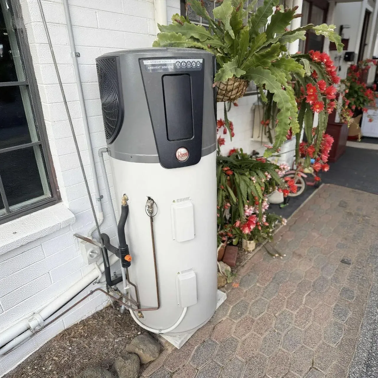 Heat pump hot water system installed against a white rendered wall beside a garden bed