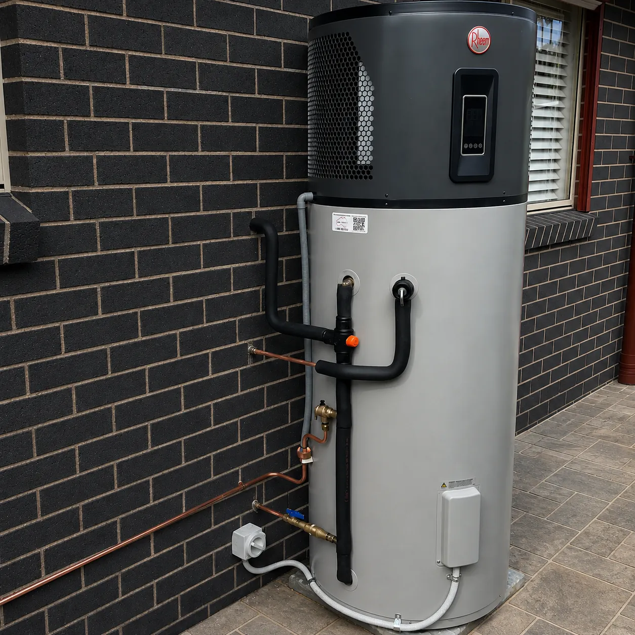 Rheem electric heat pump hot water unit installed against a dark brick wall
