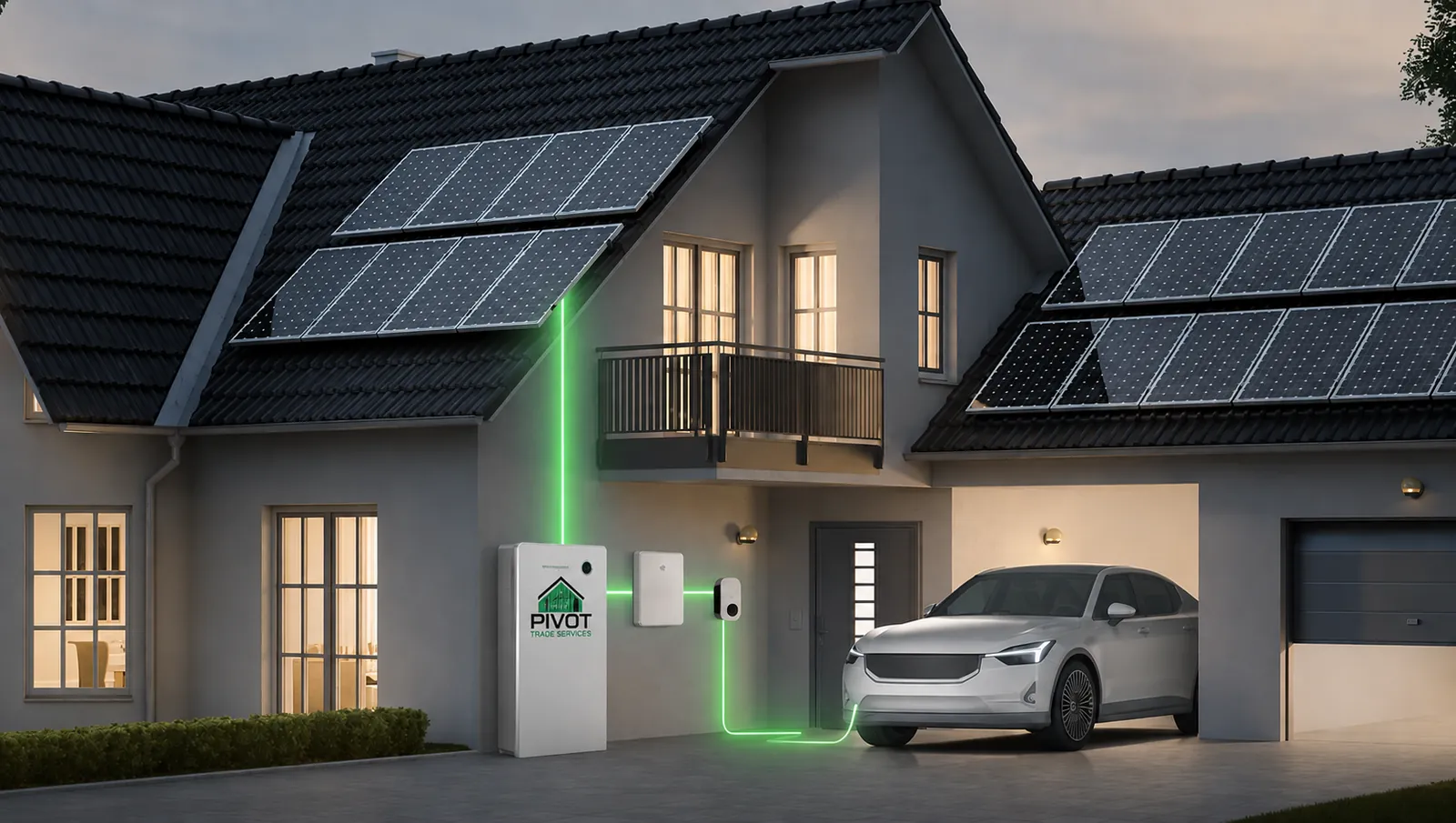 Illustration of a home with rooftop solar, a wall-mounted battery and an electric car charging in the driveway