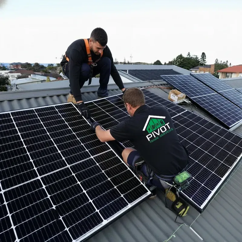 Two Pivot Trade Services installers fitting solar panels to a metal roof