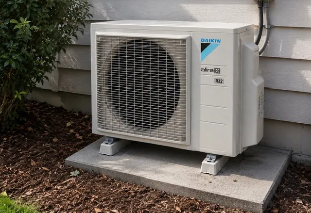 Daikin split system outdoor unit standing on a concrete pad beside a garden bed