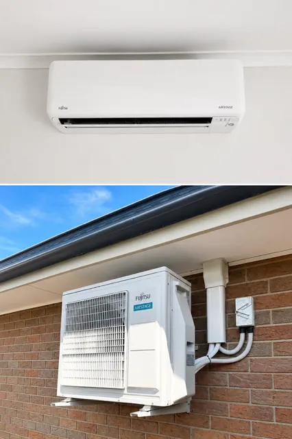 Split system indoor head above the matching outdoor unit from the same installation